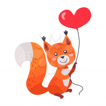 Fox with red heart shaped balloon in paws isolated on white background. Sexy vixen with bushy tail. Cute cartoon animal post card design. Valentines day concept vector illustration in flat style