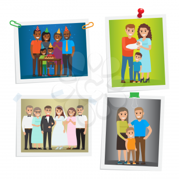 Family photos with special day happy memories inoculated on white. Vector poster of little boy s Happy Birthday, birth of child in family with male kid, wedding and just hilarious family photos