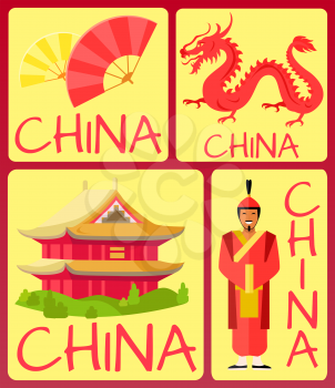China fan, ancient soldier, red dragon and traditional building in asian style poster with yellow background. Vector illustration of traditional chinese attributes card banner in flat design