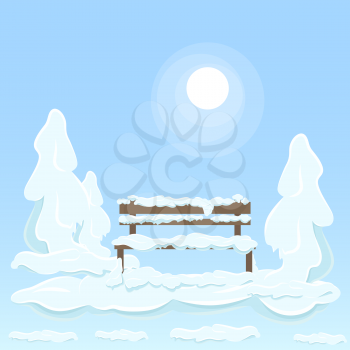 Wooden isolated bench under white snow between covered with great pile of snow trees on blue background with shining sun. Vector flat illustration of frosty and snowy winter weather outdoors.