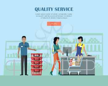 Quality service concept web banner. Vector in flat style. Buyers and personnel in supermarket interior. Cashier serves customer in grocery store. Illustration for retail shops ad and web design.     