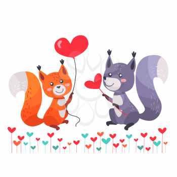 Fox with red heart shaped balloon in paws isolated on white. Grey squirrel with heart on stick. Sexy vixen and squirrel couple lovers with bushy tails. Valentines day concept vector in flat style