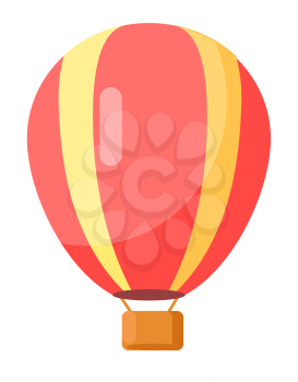 Red air balloon with yellow stripes icon isolated on white. Vector illustration of big object for travelling by air and watching scenic landscapes with basket for people. Air means of transportation
