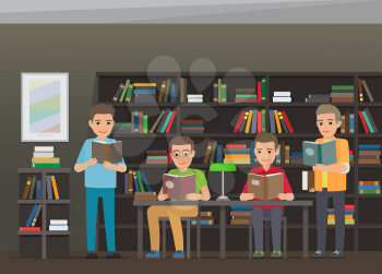Process of reading books in educational library by four boys. Vector illustration of two sitting and two standing young male people that get to know some information from books near bookshelf