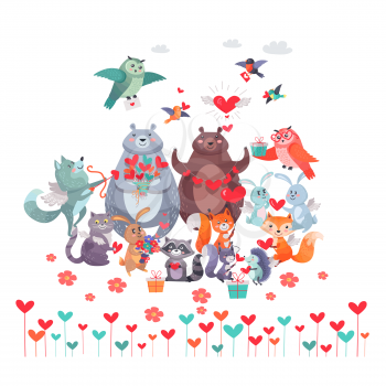 Set of animals with hearts. Wolf with arrow, owl birds, white and brown bears, rabbit and hedgehog, red fox and squirrel, cat with raccoon. Valentines day concept vector illustration in flat style