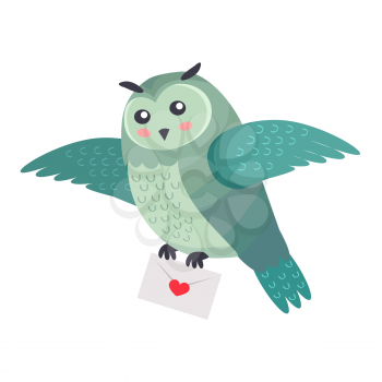 Owl bird flying with letter of love with heart isolated on white. Bird of Minerva greetings. Cartoon greeting card design. Post delivery service. Valentines day concept vector illustration in flat