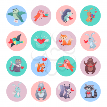 Set of animals with hearts and mails in round web buttons. Wolf with arrow, owl birds, white and brown bear, rabbit and hedgehog, red fox and squirrel, cat with raccoon. Valentines day concept vector