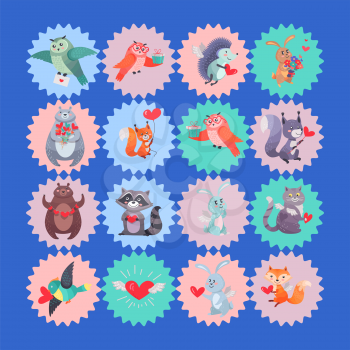 Set of cartoon icons or stickers with loving forest animals. Smiling mammals, birds, home pets with hearts and flowers in paws flat vectors. Funny animal cupids with wings for Valentine greeting cards