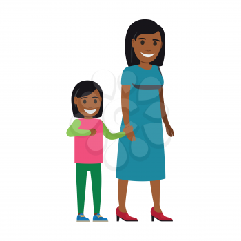 Mother walking with daughter. African American woman holding little girls hand flat vector isolated on white background. Happy relatives illustration for family relations and motherhood concepts