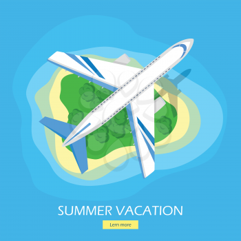 Summer vacation web banner. Modern airliner flying over green tropical island with beach in ocean flat vector illustration. Leisure in exotic countries. For travel agency, airline landing page design