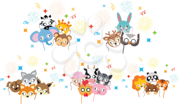 Animal carnival set of animal masks in cartoon style. Colourful decorations on background. Vector illustration of masques for festivals and children holidays. Dress code for kids in flat style design