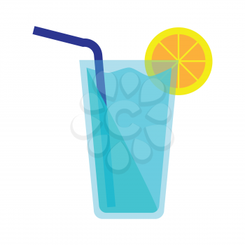 Blue cocktail icon. Blue cocktail in glass with slice of lemon and blue straw isolated on white background. Beach cocktail. Bar design element. Vector illustration in flat design.