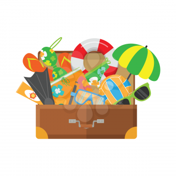 Summer vacation travel vector concept. Seacoast entertainments. Suitcase with stuff for fun on beach flat illustration. For travel company ad, tourism concepts, printed materials, web design. On white