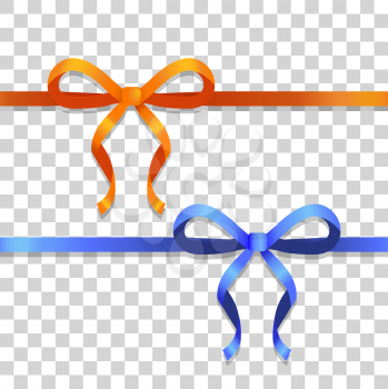 Illustration of two ribbons with bows. Orange and blue narrow long lines with bright bows. Two bobs with two narrow petals, with long tails. Simple cartoon design. Front view. Flat style. Vector