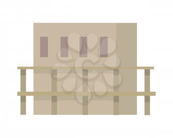 Start of creation new building. Flat design. Light brown house with two floors with four holes for windows and doors. Big auxiliary ladders. Simple cartoon style. Front and side view. Vector