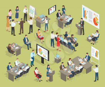 Business coaching vector collection in office. Workers with badges hanging on neck stand near stand with diagram, listen to boss, use electronic devices, discuss issues of day. Working process