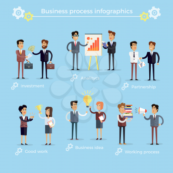 Business process infographics vector collection on blue background. Money investment, analytics structure, partnership deal, good work that is awarded, business idea and hard working process