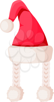 Santa Claus hat with two braids isolated on white. Winter fur woolen cap. Father Christmas hat with three pompoms. Flat icon winter holiday accessory for woman in cartoon style vector illustration