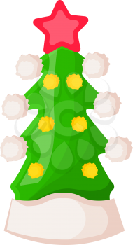 Santa Claus hat in form of green Christmas tree with star isolated on white. Winter fur woolen cap in style of fir tree. Flat icon winter headwear warm accessory in cartoon vector illustration