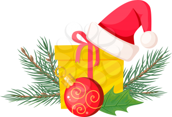 Santa Claus hat lying on yellow gift bow with red ribbon near red xmas ball and branch of evergreen tree spruce and green leaf. Vector illustration set with cartoon Christmas stuff in flat design