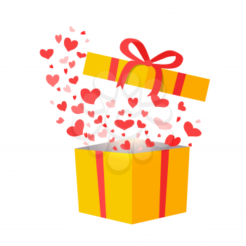 Outflying red hearts from yellow present on white background. Vector illustration of many tiny confetti in box decorated with red ribbon and beautiful bow. Element of decor for Christmas holidays.
