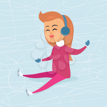 Cartoon smiling girl in blue headphones and mittens is sitting on cold icerink. Christmas entertainments in city. Vector illustration of happy female person spending winter holidays outdoors.