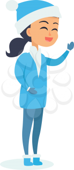 Isolated standing girl with black hair and in Snow-maiden costume on white. Vector illustration of smiling male person with closed eyes in New Year character spending winter holidays outside.