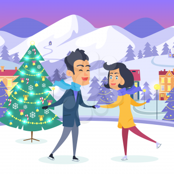 Happy young couple with holding hands near decorated Christmas tree on urban icerink. Vector illustration in flat design of celebrating New Year and spending xmas winter holidays outdoors in city