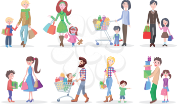 Set of different shopping people with package and carts on white background. Vector illustration of men women children buying things in supermarkets. Showing various purchases from shop departments
