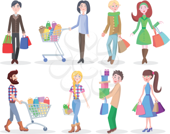 Shopping people vector illustrations set. Buying gifts on holidays flat concepts isolated on white background. Happy young man and woman characters with gifts, shopping bags and trolleys full of goods