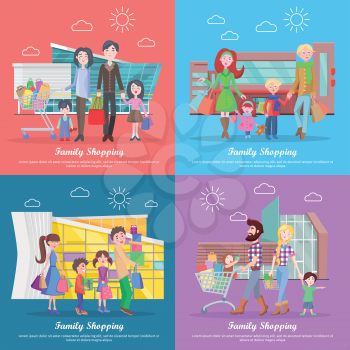 Family shopping web banners set. Father and mother cartoon characters buying goods in supermarket with daughter and son flat vector illustration. Square concepts with family for sale promotions page