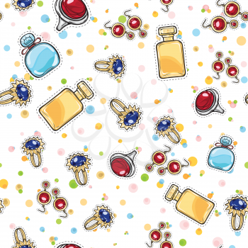 Jewelry for women. Elite Perfume. Seamless pattern. Gold earrings with red stone. Elegant earrings. Silver ring with round red rock. Gold ring with blue stone. Decorations. Cartoon style. Vector.