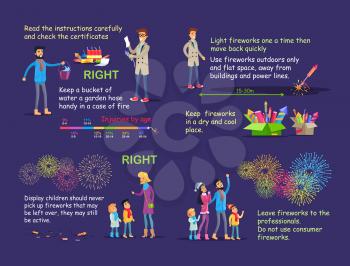 Instruction with vector pictures with people for right firework usage. Check certification and keep bucket of water, light one time outdoor, teach children, leave pyrotechnics for professionals.