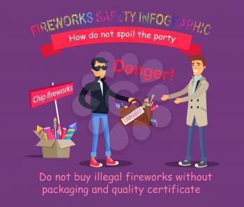 Fireworks safety infographic. How do not spoil the party. Process of buying illegal dangerous pyrotechnics by gullible man. Vector illustration of wrong action and space for warning information