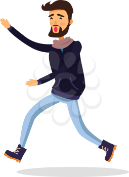 Young man running somewhere isolated on white. Male person in black jacket and jeans late for event and tries to gain it on hurrying. Vector illustration of lateness in cartoon style flat design
