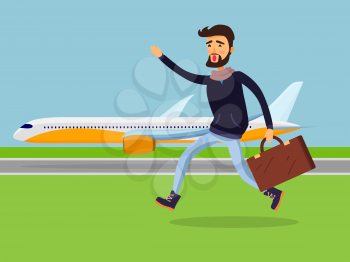 Young man with brown suitcase running to passenger plane. Male person isolated in black jacket and jeans is late for airplane and tries to gain it on. Vector illustration of lateness in cartoon style