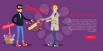 Fireworks safety, dangerous agreement when man is buying counterfeit pyrotechnics in case. Vector web banner of selling cheap, improper and illegal fireworks and space for text in cartoon style