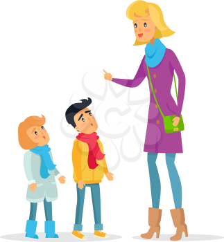 Woman explaining rules with raised hand for attentive children on white. Deliberately dressed female person teaches obedient little boy and girl. Vector cartoon illustration of learning process