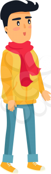 Little standing boy with black hair in yellow jacket, red scarf, jeans and warm shoes on white. Vector illustration of isolated surprised and attentive listener male child in warm winter clothes