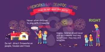 Fireworks safety infographic, how do not spoil the party. Vector illustration of children playing with firecracker near burning house and running man, woman explaining rules of using with pyrotechnics