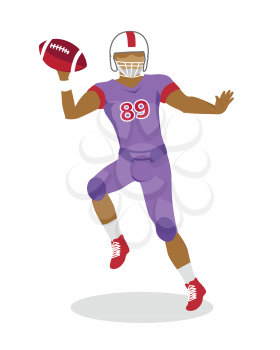 American football. Football player with ball in hands in equipment and helmet. Violet football uniform. Sport game. Cartoon icon of football player jumping with red ball. American football sign.