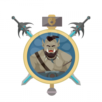 Coat of arms shield with swords and hummer vector. Flat style. Cold weapon and armor with orc portrait. Illustration for games industry concepts, icons and pictograms. Isolated on white background.