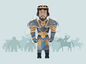 Game object of knight in steel medieval armor with crown. Character stand in front. Stylized fantasy characters. Game object in flat design on blue game background. Vector illustration.