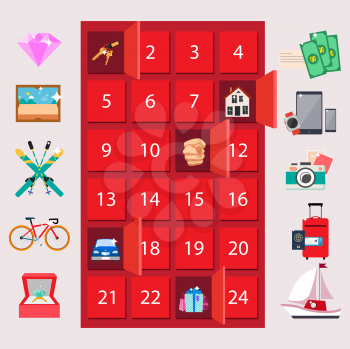 Red locker with luxury quiz gifts on pink background. On vector illustration can be won money or house, jewelry accessories, transport items, electronic devices or journeys, or nothing if misfortune