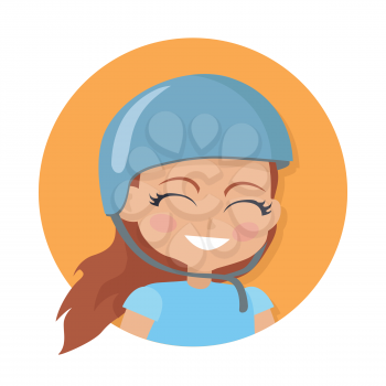 Girl with long brown hair. Biker avatar userpic. Portrait of nice female person in blue t-shirt and round helmet. Pink flush on face. Cartoon style. Girl face in circle. Flat design. Vector