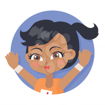 Isolated girl with pigtail avatar userpic. Black forelock. Hazel eyes. Portrait of nice female person in orange t-shirt. Pink flush on face. Simple cartoon style. Flat design. Vector illustration