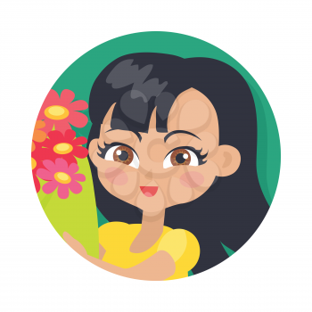 Smiling girl with black long hair with colourful bouquet of flowers. Portrait of nice female person in yellow blouse. Hazel eyes. Cartoon style. Kindergarten lady avatar userpic. Flat design. Vector