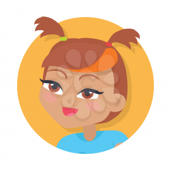 Girl with two red pigtails and forelock. Bright line on forelock. Portrait of nice female person with hazel eyes. Blue t-shirt. Cartoon style in flat design. Kindergarten lady avatar userpic. Vector