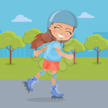 Young girl in helmet roller skate in the park. Smiling skater. Female character with knee protection has fun. Sports equipment flat illustration. Summer fun and healthy life in flat style. Vector