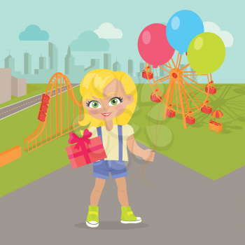 Young girl with balloons and present box in park with attractions. Little lady goes to party. Blonde toddler with colourful air balloon. Children every day activities. Vector in flat style design